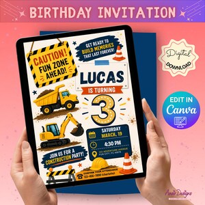 Editable Construction Birthday Invitation Template | Construction Party Invite | Truck Birthday Invitation | Boy Birthday Invite | Digital