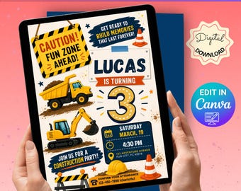 Editable Construction Birthday Invitation Template | Construction Party Invite | Truck Birthday Invitation | Boy Birthday Invite | Digital
