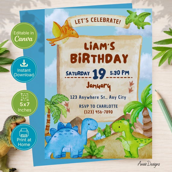 Dinosaur Birthday Invitation | Editable Dino Party Invite | Digital Download | Canva Template | Boys Birthday Invitation|Dino Party for Boys