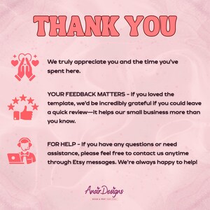 May include: Pink and white graphic with the words "THANK YOU" in a retro font. The image includes text about appreciating customers, requesting feedback, and offering help via Etsy messages. The Anair Designs logo is at the bottom.