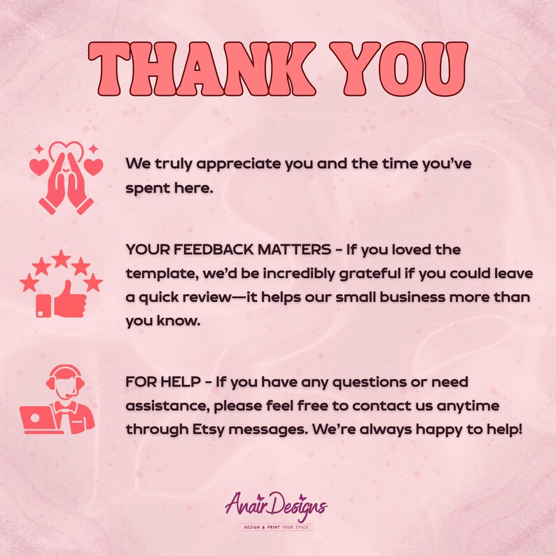 May include: Pink and white graphic with the words "THANK YOU" in a retro font. The image includes text about appreciating customers, requesting feedback, and offering help via Etsy messages. The Anair Designs logo is at the bottom.