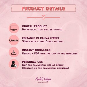 May include: A pink graphic with the text "PRODUCT DETAILS" at the top. Below are details about a digital product, including that it is editable in Canva, an instant download, and for personal use. The Anair Designs logo is at the bottom.