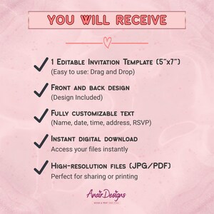 May include: A pink and white digital invitation template design. The text reads "YOU WILL RECEIVE" at the top, followed by a list of features: editable template, front and back design, customizable text, instant download, and high-resolution files.