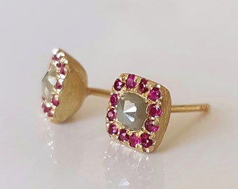 Diamond Stud Earrings, Ruby Earrings, 18k Gold Earrings, Square Earrings, Everyday Earrings, Wedding Earrings for Brides