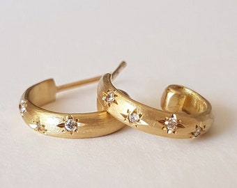 Diamond Hoop Earrings, Unique Diamond Earrings, 18k Gold Earrings, Solid Gold Huggie Earrings, Star Earrings, Starburst Earrings