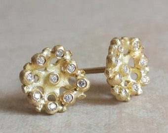 Diamond Stud Earrings, 18k Gold Diamond Earrings, Unique Diamond Earrings, Botanical Jewelry, Wedding Earrings, Floral Earrings