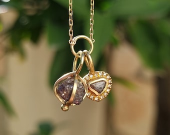 18k Gold Raw Diamond Necklace, Rough Diamond Pendant, 2 Stone Drop Pendant, Uncut Diamond Charm, Birthday Gift for Her, Fine Jewelry