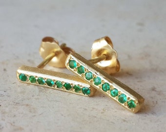 18k Gold Emerald Earrings, Gold Stud Earrings, Emerald Studs, Line Earrings, Geometric Earrings, Gold Bar Earrings, Bar Stud Earrings