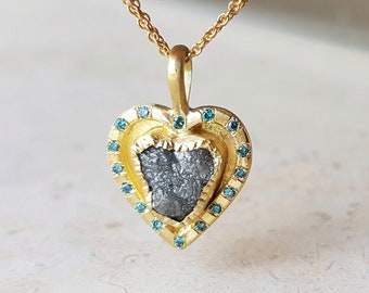 18k Gold Heart Pendant, Raw Diamond Necklace, Solid Gold Pendant Necklace, Diamond Heart Necklace, 20th Anniversary Gift for Her