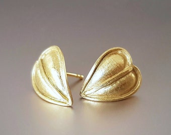 18k Gold Heart Earrings, Gold Leaf Earrings, Triangle Earrings, Floral Earrings, Valentine's Day Gift for Her, Gold Stud Earrings