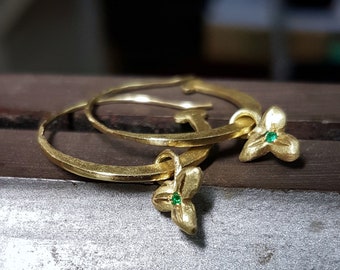 18k Gold Hoop Earrings, Thin Hoop Earrings, Natural Emerald Earrings, Medium Gold Hoops, Unique Earrings for Women, Flat Hoops