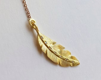 18k Gold Lariat Necklace, Gold Feather Necklace, Nature Inspired Pendant, Fine Jewelry Necklace, Gold and Diamond Necklace, Gift for Her
