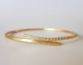18k Solid Gold Diamond Bangle Bracelet, Unique Handmade Minimalist Fine Jewelry