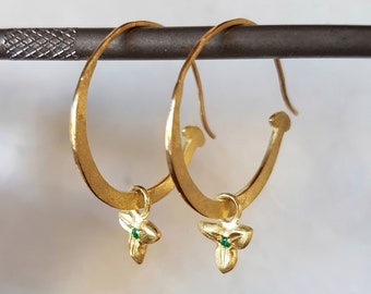 Natural Emerald Earrings, Thin Hoop Earrings, 18k Gold Hoop Earrings, Medium Gold Hoops, Unique Earrings for Women, Flat Hoops