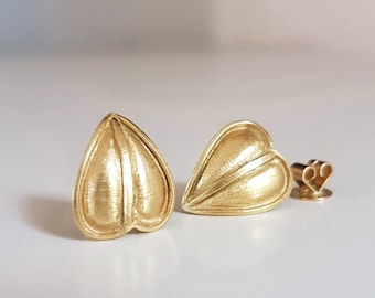 18k Gold Heart Earrings, Gold Leaf Earrings, Triangle Earrings, Floral Earrings, Valentine's Day Gift for Her, Gold Stud Earrings