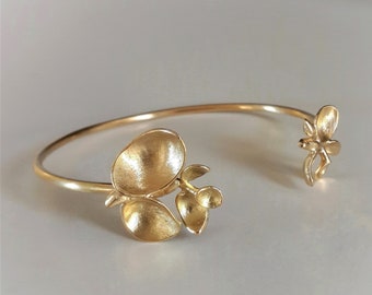 18k Gold Cuff Bracelet, Fine Jewelry Bracelet, Botanical Jewelry, Floral Gold Bracelet, Gold Bangle Bracelet, Unique Gold Cuff, Minimalist