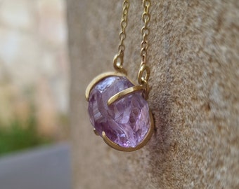 Raw Amethyst Necklace, 18k Gold Necklace, raw gemstone necklace, purple stone necklace, raw birthstone necklace for Mom, Amethyst Pendant