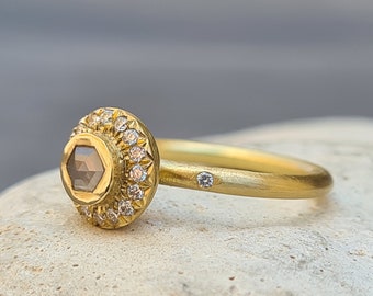 Grey Diamond Engagement Ring, Gray Diamond Ring, Rose Cut Diamond Ring, 18k Gold Halo Ring, Handmade Diamond Jewelry, Fine Jewelry Rings