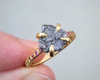 Black Raw Diamond Ring, 18K Gold Diamond Ring, Gray Diamond Ring, Solid Gold Ring, Diamond Ring for Women, Unique Gold Ring, Fine Jewelry