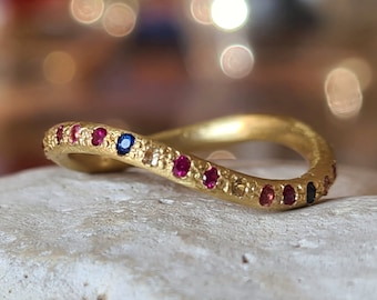 Rainbow Ring, Sapphire Eternity Ring, Gold Wave Ring, Sapphire Wedding Band, 18k Gold Ring, Ring Enhancer