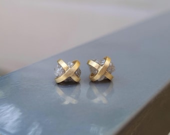 Handmade 18k Gold Raw Diamond Stud Earrings, April Birthstone Fine Jewelry