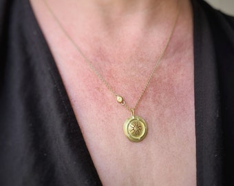 18k Gold Coin Necklace, Diamond Disc Pendant, Gold Circle Necklace, Handmade Gold Medallion, Gold Flower Pendant, Coin Pendant, Gift for Her