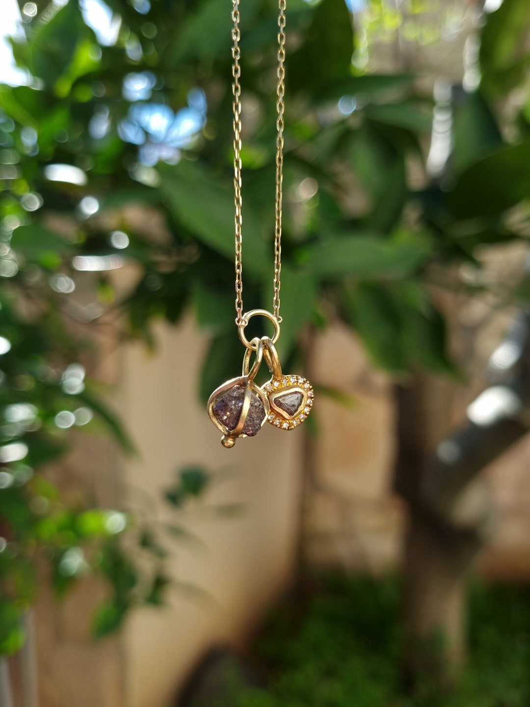 18k Gold Raw Diamond Necklace, Rough Diamond Pendant, 2 Stone Drop