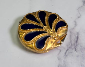 Vintage Estée Lauder Solid Perfume Compact – Blue Enamel & Gold Fan Motif – Collectible Vanity Accessory