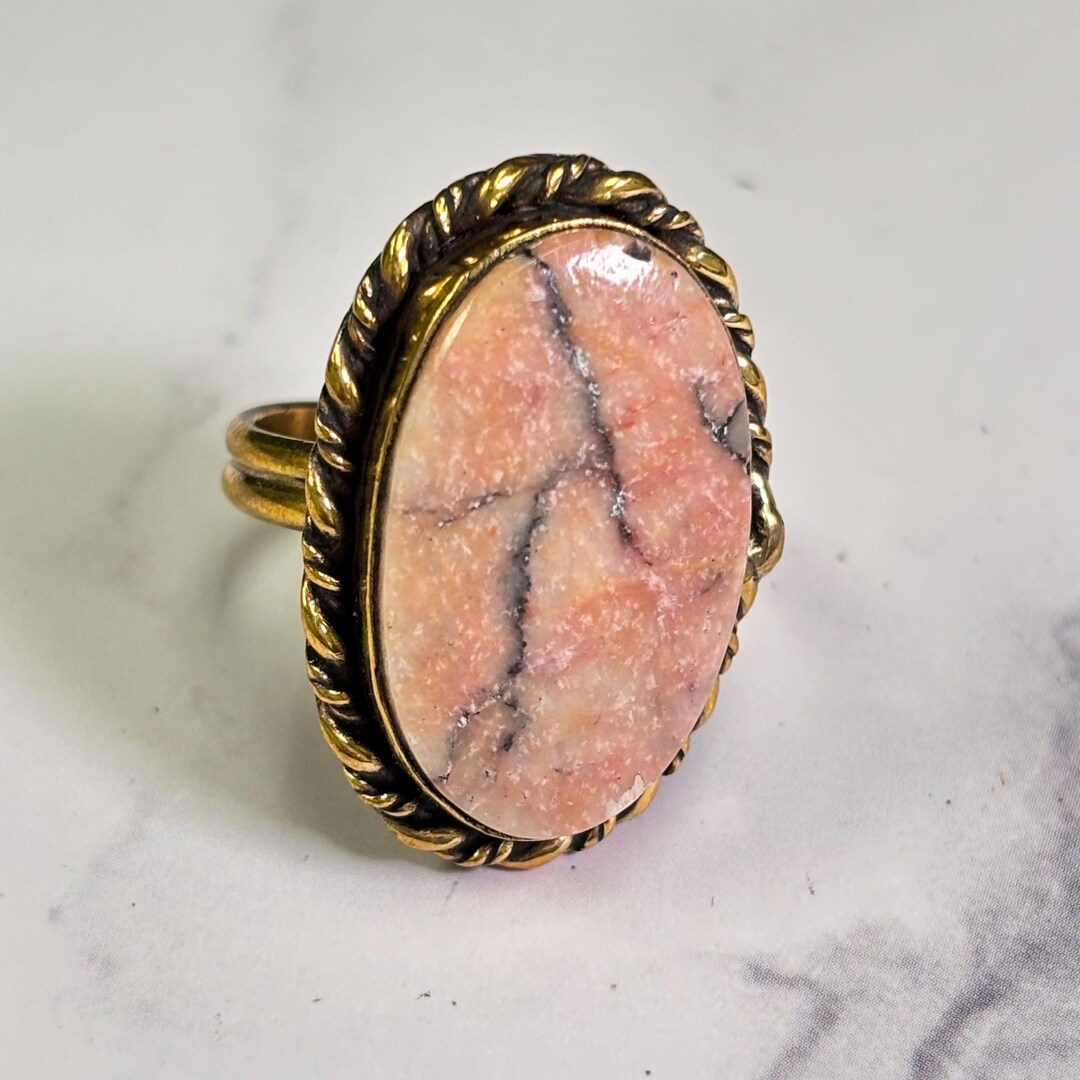 Vintage 18K Gold-plated Rhodonite Statement Ring – Oval Cabochon in ...