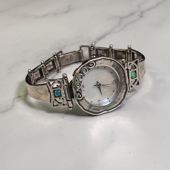 Vintage Sterling Silver 925 Opal Inlay Bracelet Watch  display picture 1