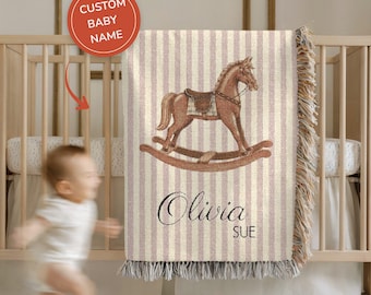 Manta de bebé niña con diseño de caballo balancín personalizado 100 % algodón, decoración tradicional para guardería, color rosa