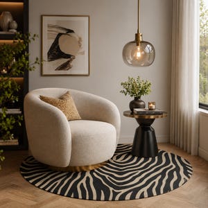 Peut inclure: Un fauteuil pivotant crème avec une base dorée sur un tapis zébré noir et blanc. Une petite table d'appoint avec une base noire et un dessus doré contient un vase, une bougie et des livres. Une œuvre d'art abstraite encadrée est accrochée au mur.