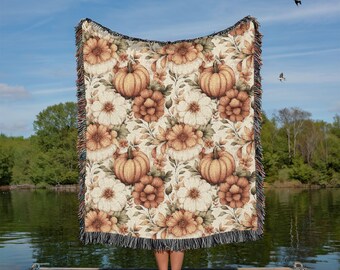 Pumpkin Blanket Floral Throw Cottagecore Fall Home Decor Woven Tapestry