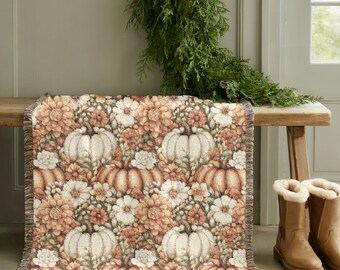 Pumpkin Blanket Floral Throw Cottagecore Fall Home Decor Woven Tapestry