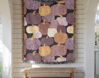 Pumpkin Blanket Throw Cottagecore Fall Home Decor Woven Tapestry Orange Pink