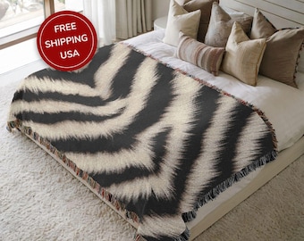 Zebra Woven Blanket Black and White Animal Print Throw for Modern Home Decor and Animal Lovers