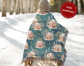Christmas Village Woven Blanket Nostalgic Snowy Winter for Christmas Holiday Decor Pink Blue
