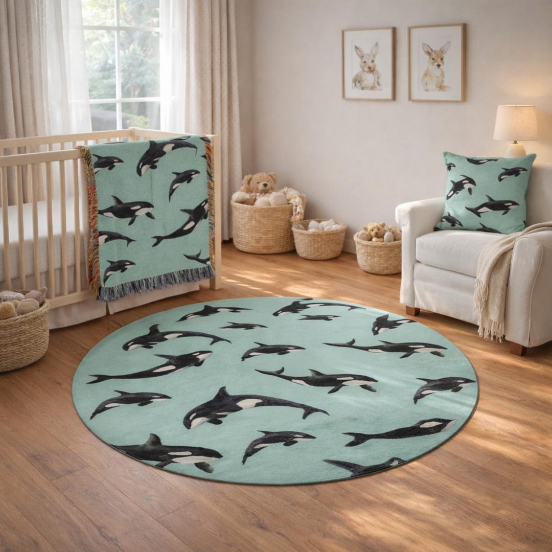Round Rug Orca Killer Whale for Beach House or Baby Play Mat for Ocean ...
