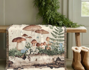 Mushroom Blanket Reading Throw Cottagecore Home Decor Toadstool Woven Tapestry Natural