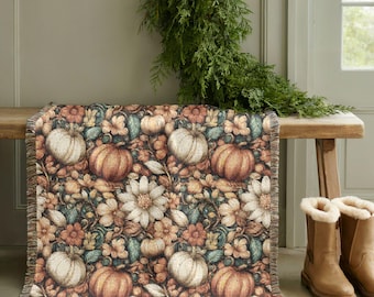 Manta de calabaza con diseño floral, estilo cottagecore, decoración otoñal para el hogar, tapiz tejido