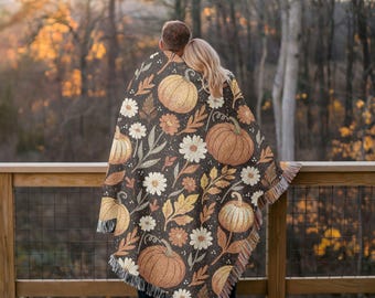 Manta de calabaza con diseño floral, estilo cottagecore, decoración otoñal para el hogar, tapiz tejido, naranja y negro
