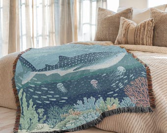 100% Cotton Woven Blanket Whale Shark Tapestry for Coastal Decor