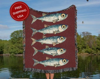 Tapiz de sardinas tejido 100% algodón para casa de playa y decoración costera
