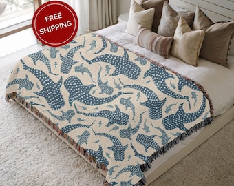 100% Cotton Woven Blanket Whale Shark Tapestry for Beach house and Coastal Decor
