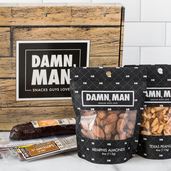 Damn, Man Exotic Meat Nut Box - Gourmet Snack Gift Basket - BBQ Nuts - Beef Jerky - 7 Piece Assortment