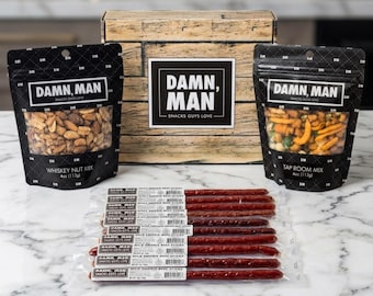 Beef Jerky Stick Assortment, Whiskey Nut Mix and Tap Room Snack Gift Box