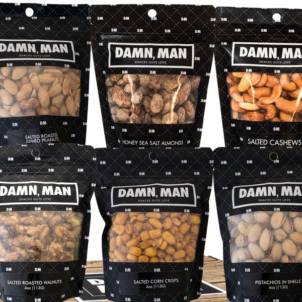 Damn, Man Salted Nut Gift Box - Roasted Salted Snacks - 6 Salty Nuts - Peanuts, Almonds, Walnuts, Pistachios, Cashews, Corn Crisps
