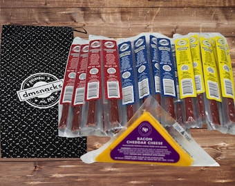 Damn, Man Beef Jerky Sticks and Bacon Cheddar Cheese Gift Bag - 25 Snacks - Assorted Meat Flavors - 26 Piece Gourmet Food Set