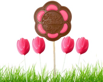 Happy Mothers Day Milk and White Chocolate Lollipops - 4 Pink Tulips and 1 Flower Gift - Premium Handmade Chocolates