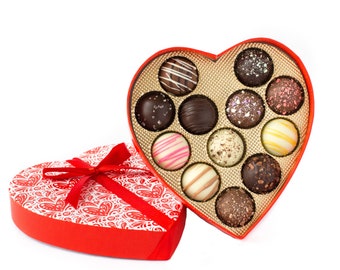 12 Mothers Day Truffles - Mini Red Heart Box - Premium Chocolate Candy - Gourmet Truffle Gift for Mom